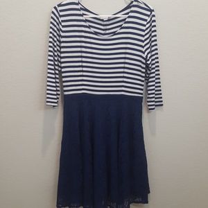 Navy Stripe and Lace Dress